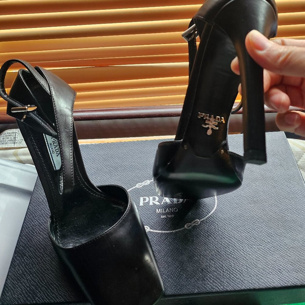Prada Black Leather Platform Slingback Pumps with Gold Logo